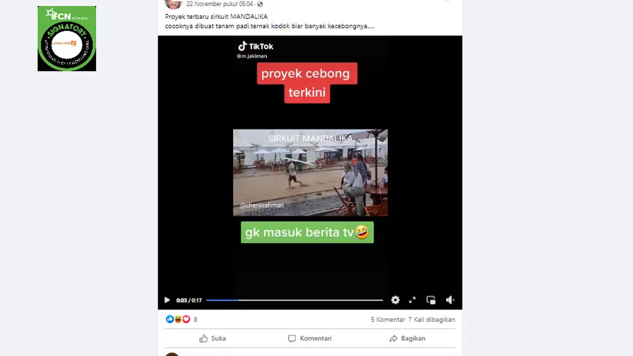 Cek Fakta Liputan6.com menelusuri klaim tidak ada stasiun tv yang memberitakan kondisi genangan air Sirkuit Mandalika