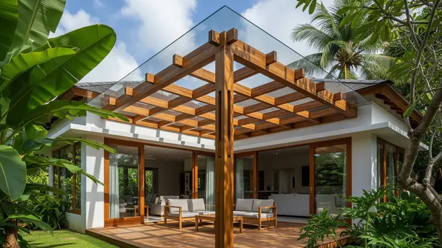 Atap Teras Kayu dengan Panel Kaca Transparan Minimalis