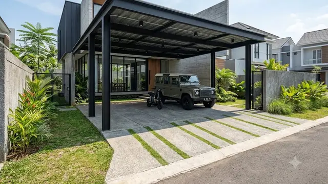 Carport Industrial dengan Struktur Melayang dan Kanopi Minimalis