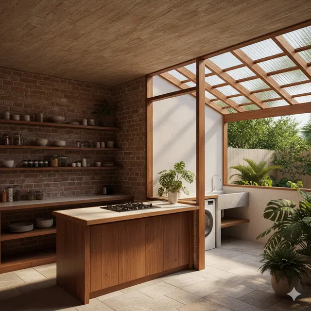 Model Dapur Rustic Tropis dengan Pencahayaan Alami dan Dinding Bata Merah. Gemini