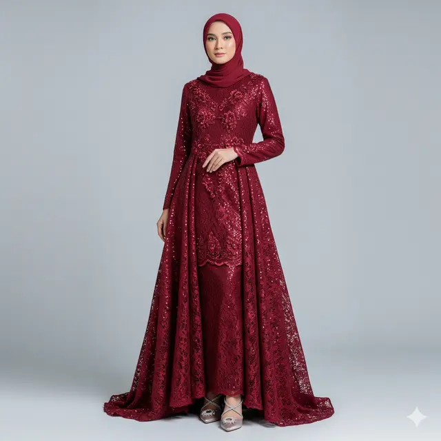 Gamis Pesta Kombinasi Brokat Full Payet. (via Gemini)