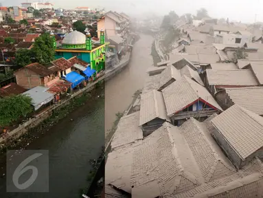 Suasana pemukiman bantaran Kali Code, Yogyakarta, Minggu (14/2/2016) (kiri) dan pemukiman bantaran Kali Code saat diselimuti abu vulkanik letusan Gunung Kelud pada (14/2/2014) lalu (kanan). (Foto: Boy Harjanto)