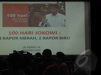 Lingkaran Survei Indonesia (LSI) memaparkan hasil survei LSI '100 Hari Jokowi 3 Rapor Merah dan 2 Rapor Biru di gedung LSI, Jakarta, Kamis (29/1/2015).  (Liputan6.com/Andrian M Tunay)