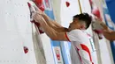 Atlet panjat tebing Indonesia, Veddriq Leonardo berkompetisi pada kualifikasi nomor speed putra Kejuaraan Dunia Panjat Tebing IFSC 2023 seri Jakarta di Lot 6, Kompleks Stadion Utama Gelora Bung Karno, Jakarta, Indonesia, Sabtu (06/05/2023). Indonesia berhasil meloloskan 10 (5 putra dan 5 putri) pada babak kualifikasi. (Bola.com/Bagaskara Lazuardi)