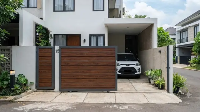 Pintu Pagar Geser Aluminium Motif Kayu (AI Generated)