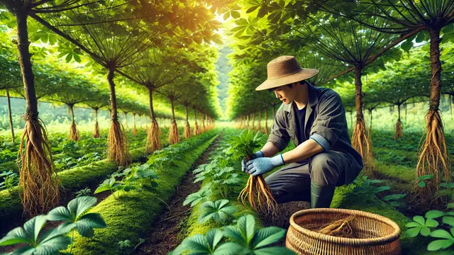 orang memiih akar ginseng di perkebunan untuk dijadikan teh