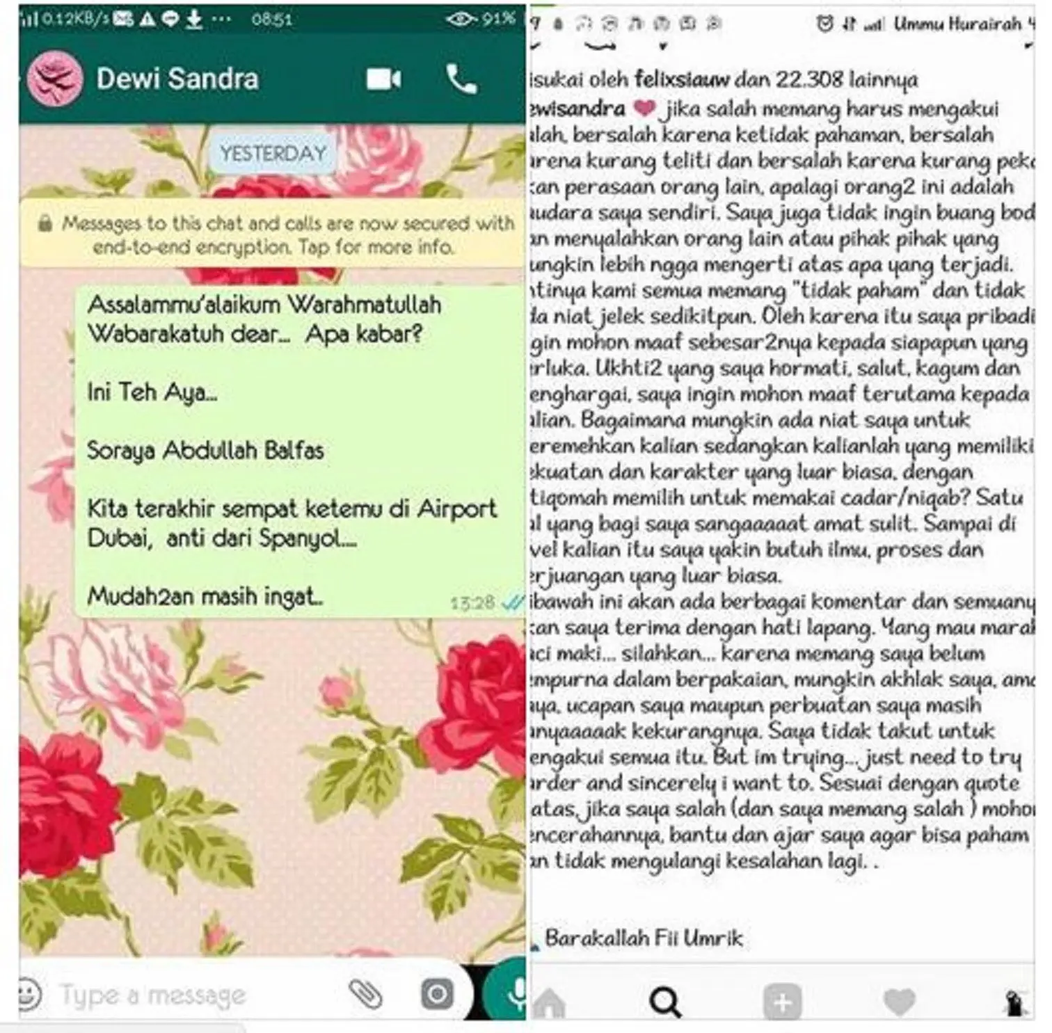 Soraya Abdullah mengunggah foto percakapan dan permintaan maaf Dewi Sandra (Facebook/Soraya Abdullah)