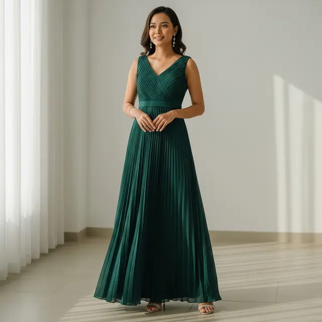 Model Baju Bridesmaid Emerald Green Pleated Minimalis
