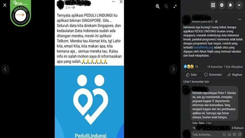 Gambar Tangkapan Layar Kabar tentang Aplikasi PeduliLindungi yang Diklaim Milik Singapora (sumber: Facebook).