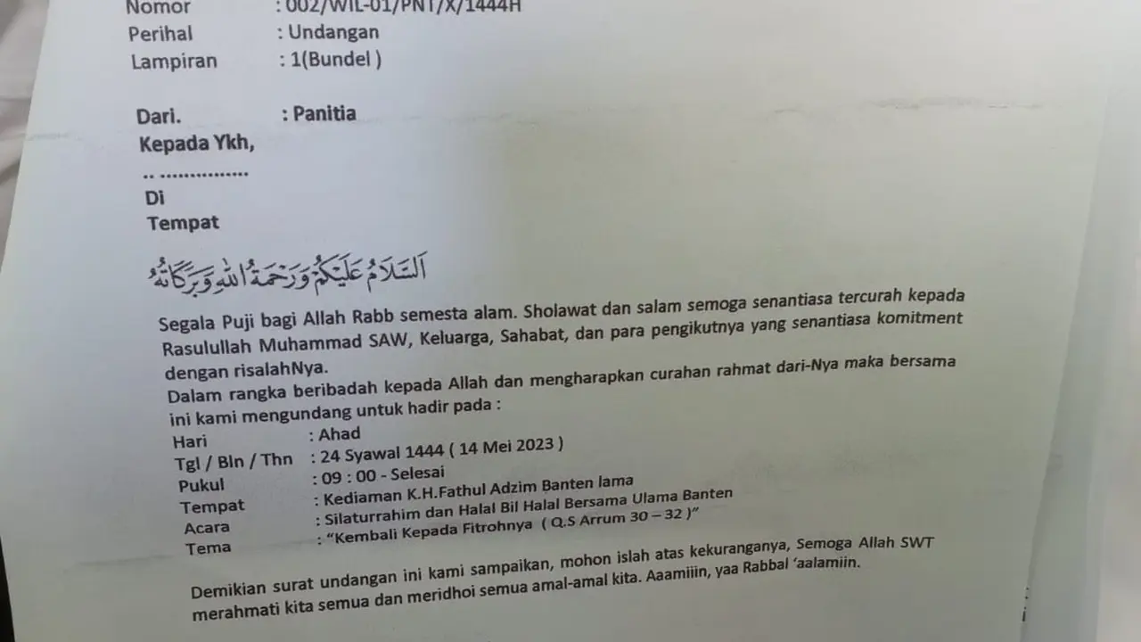 Surat rencana kegiatan halal bihalal Khilafatul Muslimin (KM) Jabodetabek Banten. (Foto: Liputan6.com/Yandhi Deslatama)