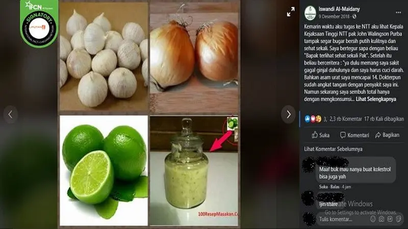 Gambar Tangkapan Layar Klaim Mengonsumsi Bawang Putih, Bawang Bombay dan Jeruk Nipis yang Dihaluskan Bisa Sembuhkan Gagal Ginjal (sumber: Facebook)