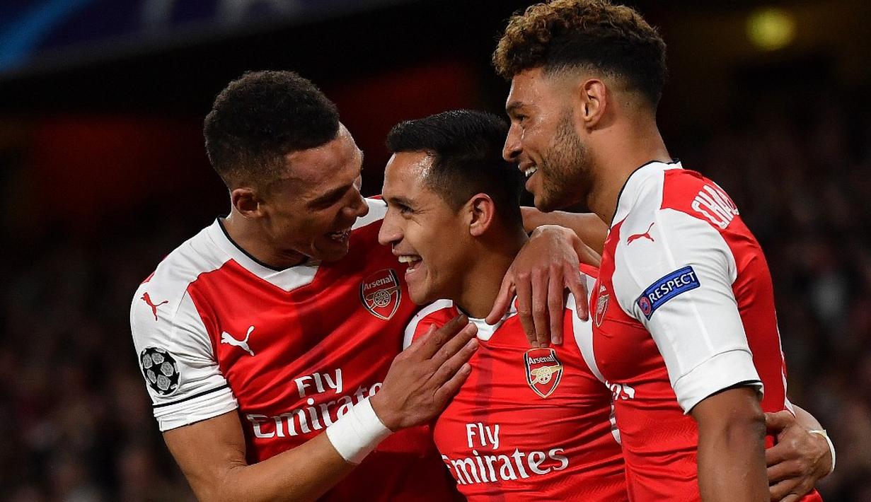 Ekspresi pemain Arsenal, Alexis Sanchez, setelah mencetak gol ke gawang Ludogorets dalam laga Grup A Liga Champions di Stadion Emirates, Kamis (20/10/2016) dini hari WIB. (AFP/Ben Stansall)