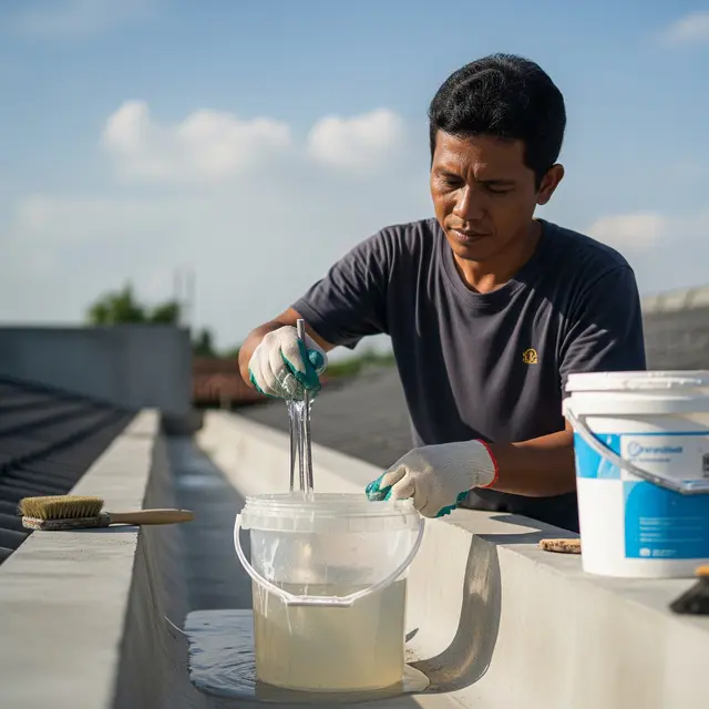 Mengaduk waterproofing bening di talang cor (Gemini AI)