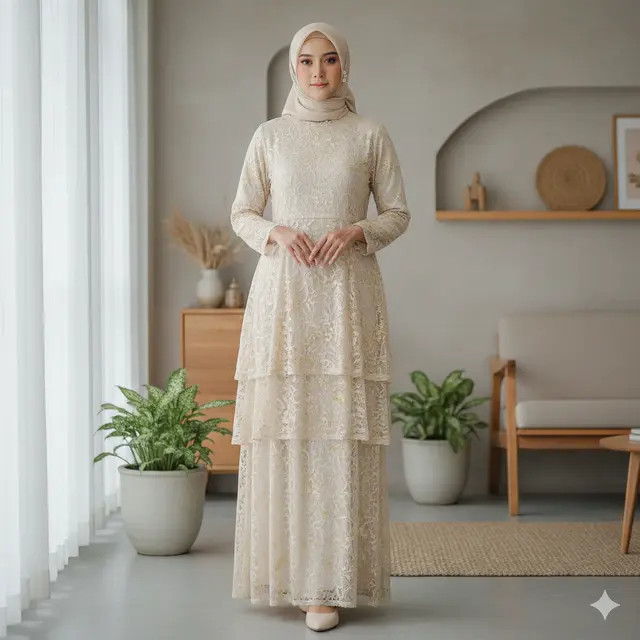 Model Gamis Layer Brokat untuk Lebaran 2026 (Foto: Gemini AI)