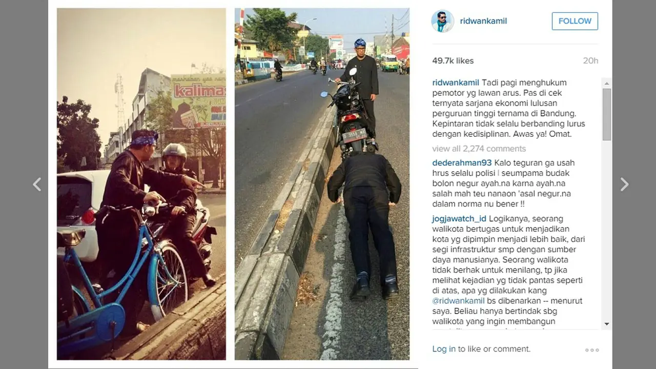 Ridwan Kamil Hukum Pemotor Lawan Arus Push-Up di Pinggir Jalan