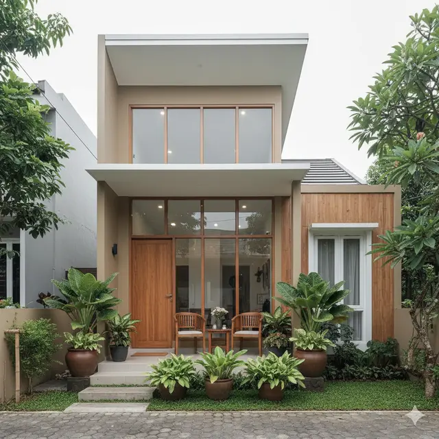Model Rumah Kecil Tapi Luas dengan Tanaman Daun Lebar di Teras Depan