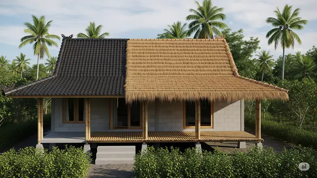 Model Rumah Sederhana dari Bambu dan Batako Dengan Kombinasi Atap Jerami dan Genteng/Ilustrasi AI