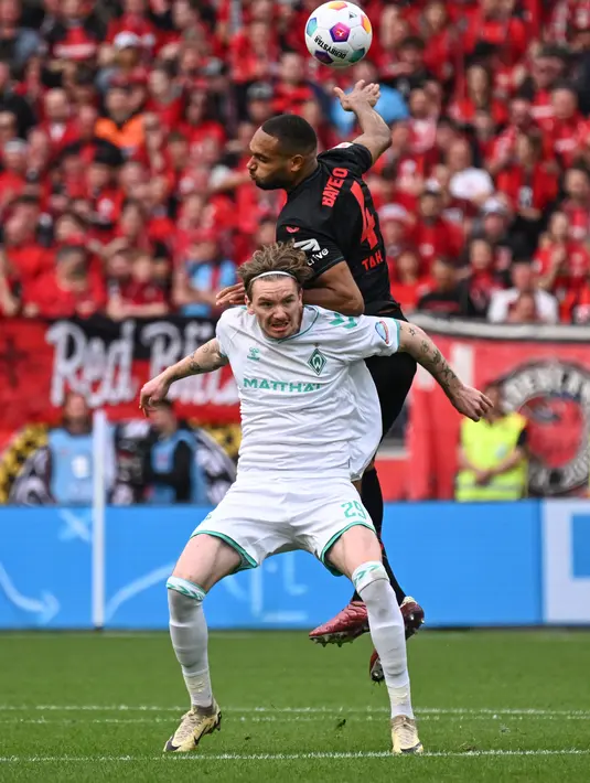 Leverkusen menempati posisi pertama klasemen Liga Jerman dengan total 79 poin dari 29 laga, dan menyisakan lima pertandingan. (INA FASSBENDER / AFP)