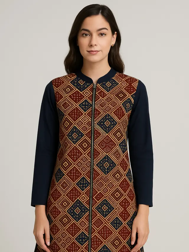 Model Tunik Batik Resleting Depan Kombinasi Lengan Panjang Polos