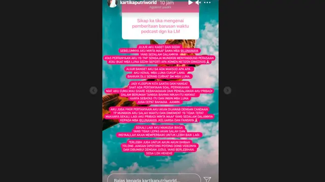 Kartika Putri Minta Maaf Atas Pertanyaan Soal Pernikahan untuk Luna Maya