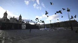 Merpati terbang di atas mainan yang mewakili anak korban kekerasan selama protes di alun-alun Bolivar di Bogota, Kolombia, Senin (30/11/2020). Ratusan mainan, boneka, dan action figure diletakkan di Bolivar Square untuk memprotes kekerasan terhadap anak-anak. (AP Photo/Fernando Vergara)