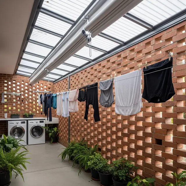 Model Area Jemuran Semi Outdoor Minimalis dengan Sekat Estetik (Gemini AI)