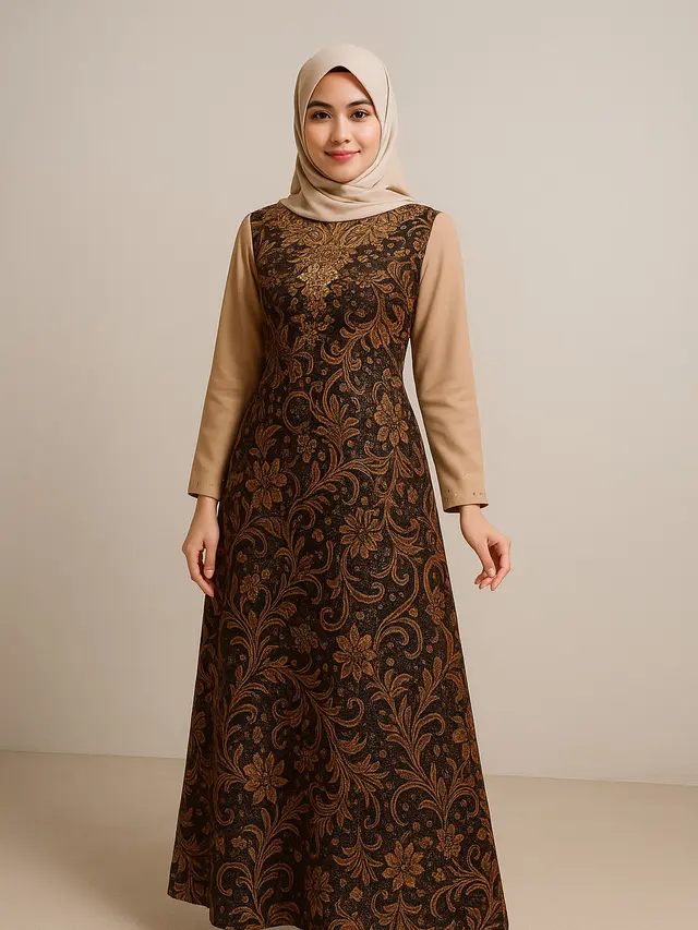Model Gamis Batik Lengan Polos Untuk Pesta Pernikahan/Gambar ilustrasi oleh AI