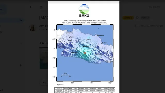 Gempa magnitudo 4,9 mengguncang Kabupaten Bandung, Jawa Barat pada Rabu, 18 September 2024 pukul 09.41.08 WIB.