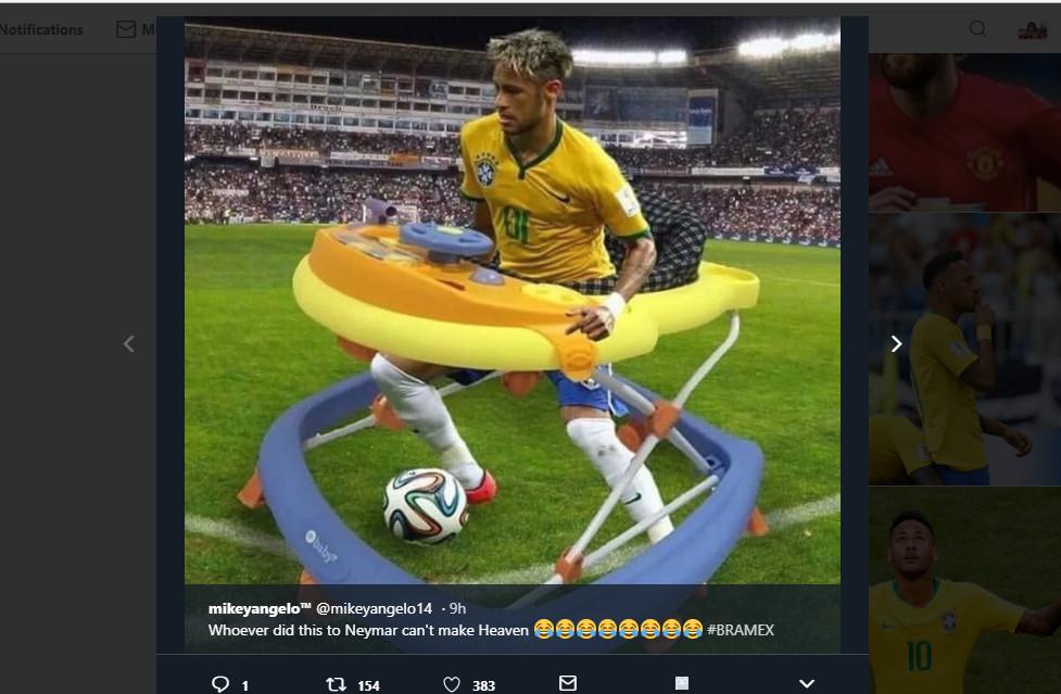 Foto Pemain Brazil Neymar dijadikan meme dengan stroller bayi (Foto: Twitter/ @mikeyangelo)