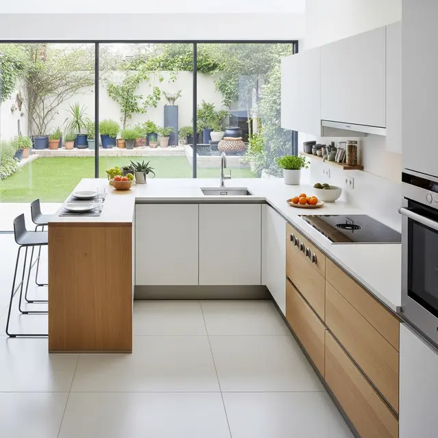Model Dapur Kecil dengan Tanaman Hijau di Belakang dan Sekat Minimalis