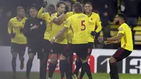 Para pemain Watford merayakan gol ke gawang Chelsea pada lanjutan Premier League di Vicarage Road stadium, London, (5/2/2018). Chelsea kalah 1-4. (AP/Frank Augstein)