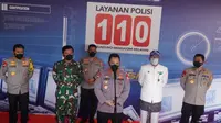 Kapolri Jenderal Listyo Sigit Prabowo memberikan keterangan pers usai meluncurkan layanan darurat atau hotline 110 di Mapolda Jawa Barat, pada Kamis, (20/5/2021). (Liputan6.com/Huyogo Simbolon)
