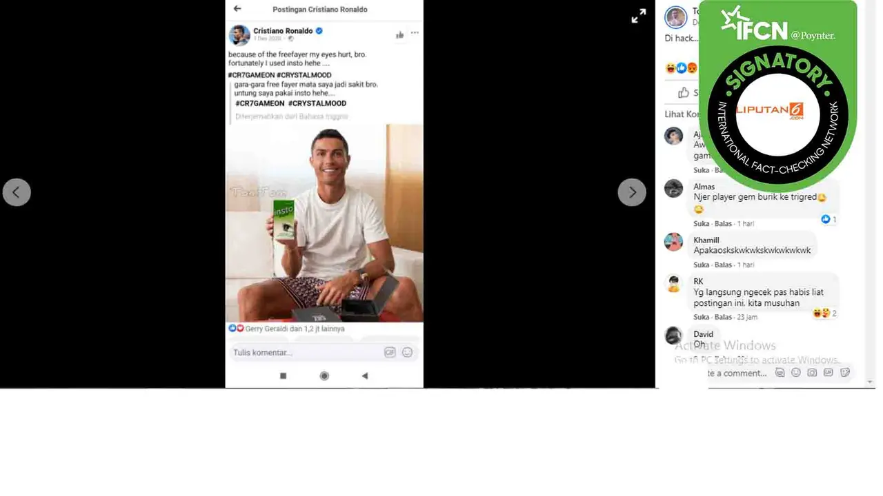 Tangkapan layar mata Cristiano Ronaldo sakit karena sering main game.