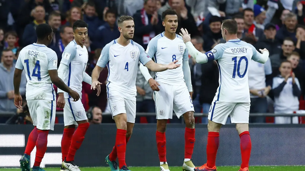 Selebrasi pemain Inggris setelah menjebol gawang Malta.