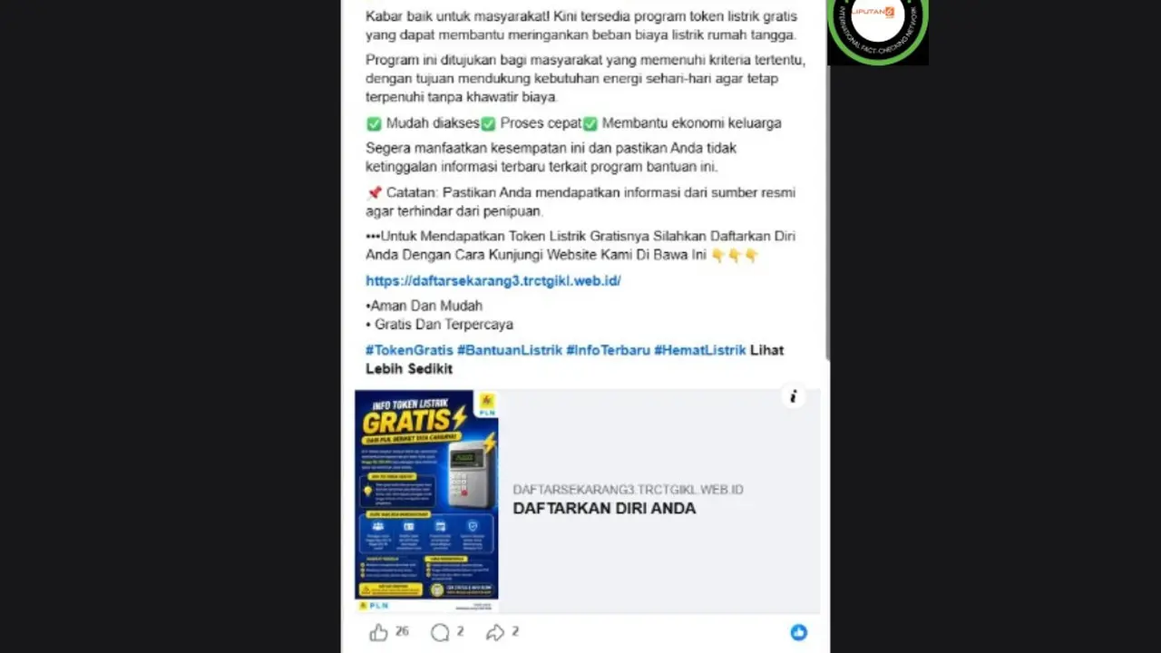 Cek Fakta Liputan6.com mendapati klaim link pendaftaran program token listrik gratis.