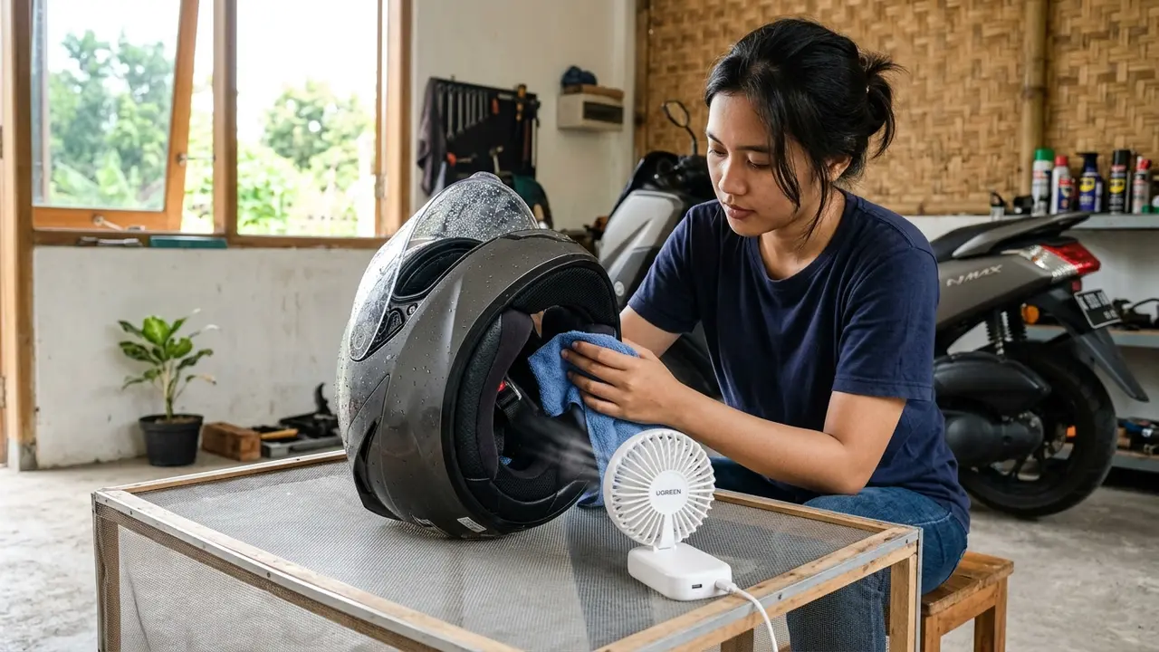 Mengeringkan Helm Basah Tanpa Membuat Busanya Bau (AI Generated)