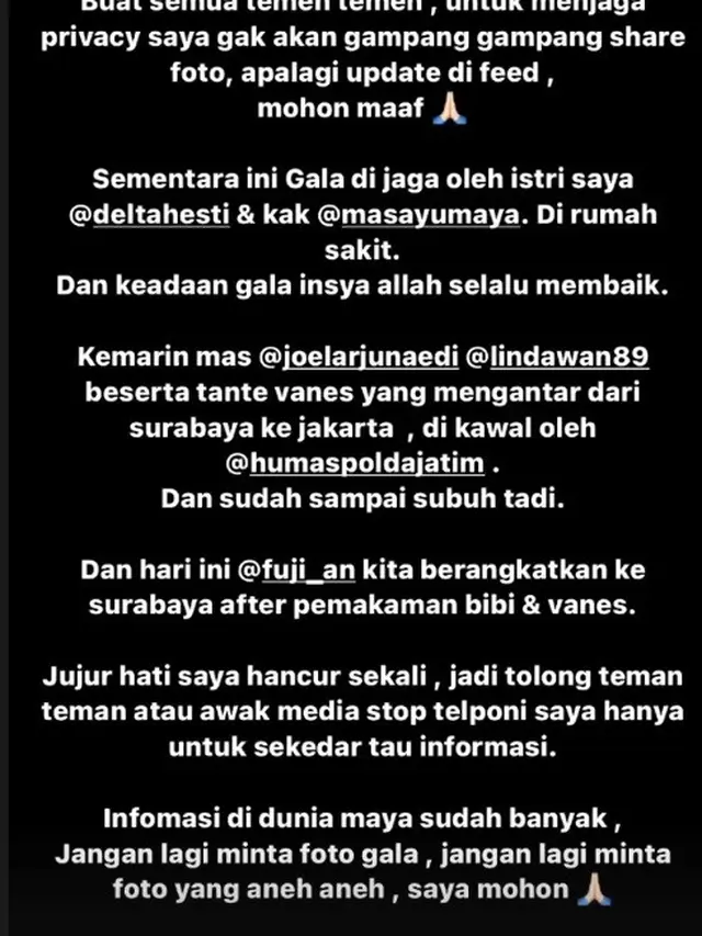 Unggahan Tom Liwafa mengenai mendiang Vanessa Angel. (Instagram/ tomliwafa)
