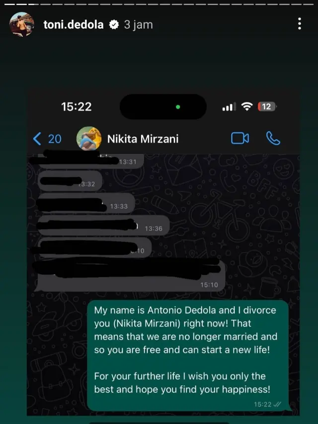 Antonio Dedola menceraikan Nikita Mirzani. Bukti chat WhatsApp berisi pernyataan talak diunggah Antonio Dedola di Instagram Stories, Sabtu (29/4/2023). (Foto: Dok. Instagram @toni.dedola)