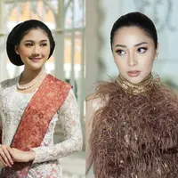 Enzy Storia tampil manis dengan rambut yang disanggul kepang dan dihiasi aksesori bunga. [Instagram/kim_mefta]