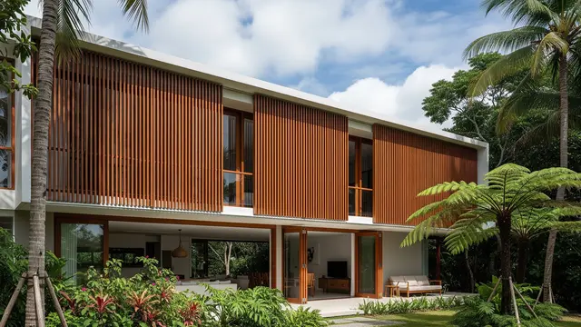 Rumah Desa Tropis Modern dengan Jalusi Kayu Vertikal