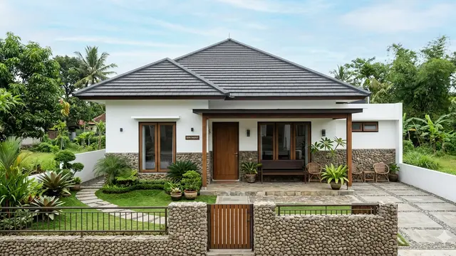 Contoh Rumah Desa dengan Kombinasi Batu Alam dan Atap Limas Modern yang Elegan. Gemini