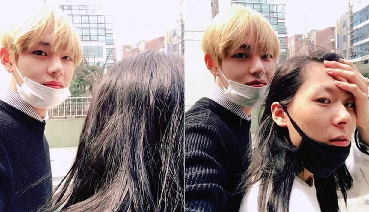 V BTS dan Jang Moon Bok ternyata sudah berteman sejak mereka masih SMA. Pertemanan mereka berawal saat keduanya bertemu di kamar mandi sekolah. (Foto: koreaboo.com)