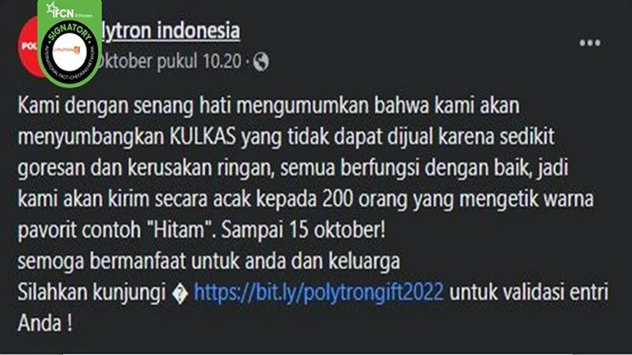 Gambar Tangkapan Layar Kabar Hoaks Polytron Menyumbangkan Kulkas Lewat Akun Facebook (sumber: Facebook).