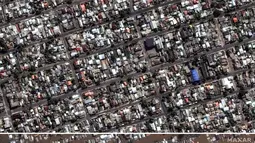 Kombinasi gambar yang dirilis oleh Maxar Technologies ini menunjukkan pemandangan sebelum dan sesudah banjir yang membanjiri rumah dan lingkungan sekitar, utara Porto Alegre, Brasil, pada 7 Mei 2024. (Satellite image ©2024 Maxar Technologies via AP)