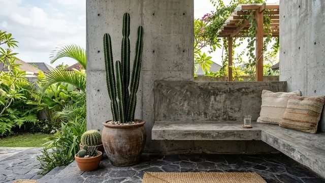 Ide Teras Rumah dengan Kaktus dan Beton Ekspos