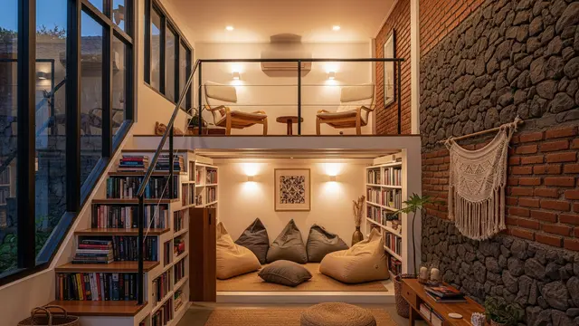 Mezzanine Perpustakaan/Ruang Baca dengan Rak Multifungsi