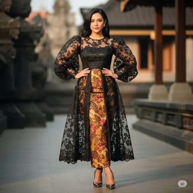 Dress Brokat Transparan + Batik Floral