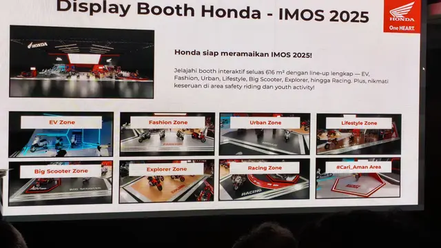 AHM hadirkan 8 zona di IMOS 2025, mulai dari EV Zone, Fashion Zone, hingga Racing Zone, yang mewakili kebutuhan mobilitas, gaya hidup, dan HOBI ( (Muhamad Ridwan/Liputan6.com).