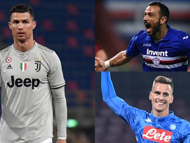 Fabio Quagliarella kudeta Cristiano Ronaldo usai dua gol yang dicetak ke gawang Udinese. Sementara itu Ronald membayangi dibawahnya dengan selisih satu gol saja. (Kolase Foto AFP)