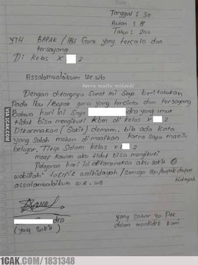 6 Potret Surat Izin Sakit Siswa Ini Isinya Kocak, Bikin Guru Jadi Ngakak